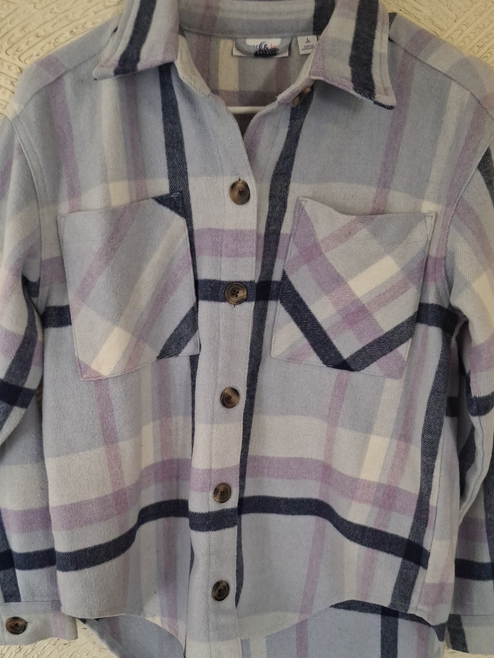 Women's Casual Plaid Button-Down Shirt Jacket in Light Blue and Lavender